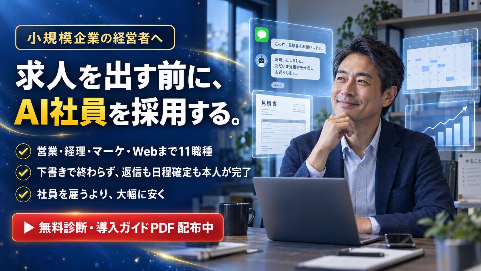 求人を出す前に、AI社員を採用する。営業・経理・マーケ・Webまで11職種。下書きで終わらず、返信も日程確定も本人が完了。社員を雇うより大幅に安く。無料診断・導入ガイドPDF配布中